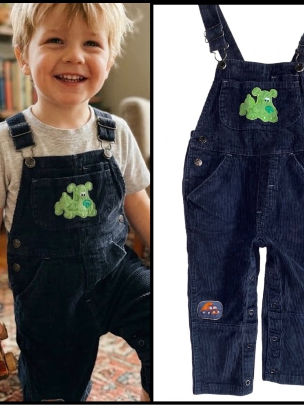 Vintage Blues Clues Green Puppy Blue Navy Corduroy Overalls 3T 2001 Nickelodeon